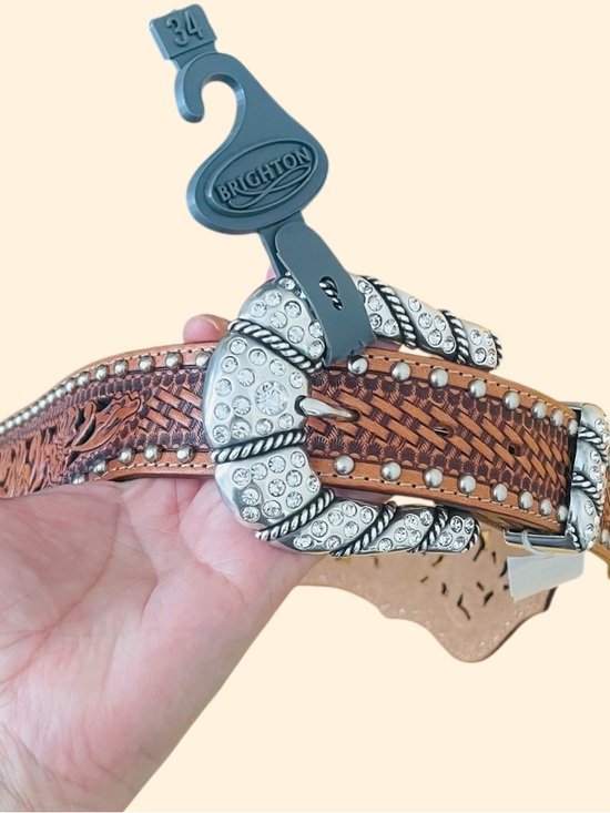 Brighton Brown studded leather belt floral designs and clear rhinestones main image 4